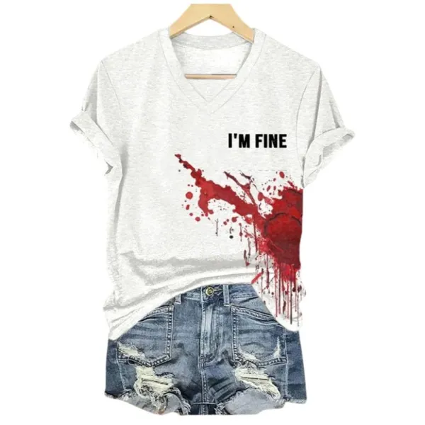 2025 Halloween Women’s I’m Fine Bloodstain Print V-Neck T-Shirt