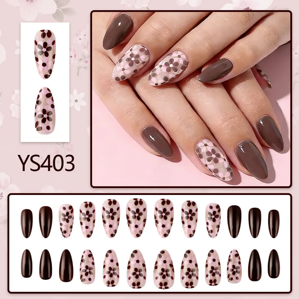 Nailhour 24Pcs Autumn Vintage Floral Short Almond Press On Nails