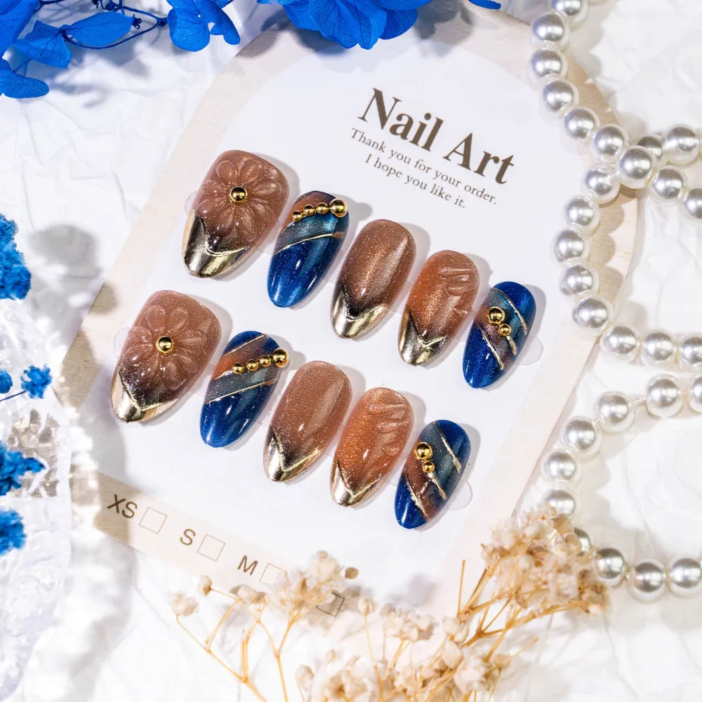 Nailhour 30Pcs Floral 3D Cat Eye Medium Almond Gradient French Press On Nails
