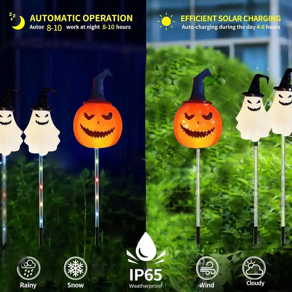 6pcs Halloween Solar Path Lights - Outdoor Ghost, Skeleton & Pumpkin Stake Lights with 8 Modes
