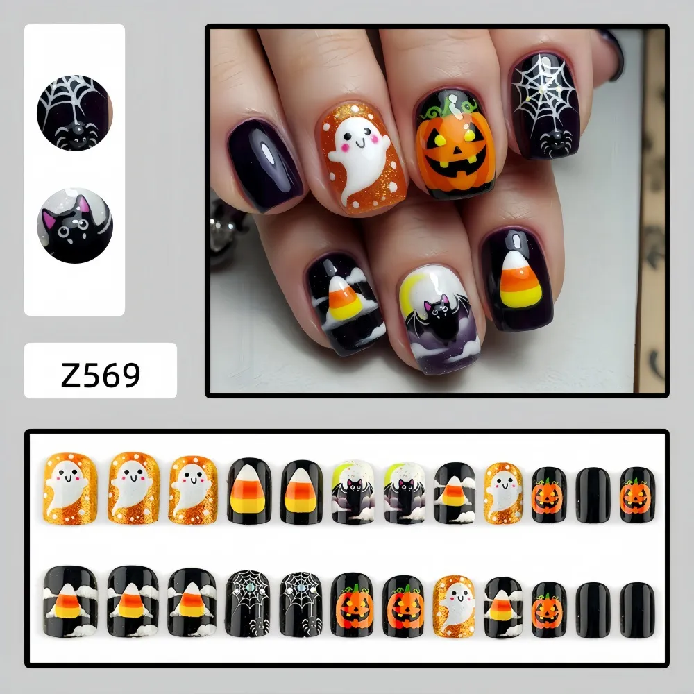 Nailhour 24Pcs Halloween Multicolor Glitter Cute Ghost Short Square Press On Nails