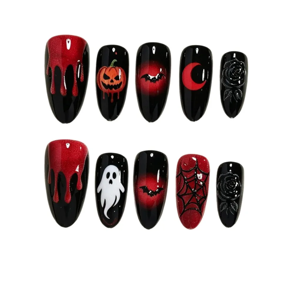 Nailhour 30Pcs Halloween Ghost Handmade Medium Almond Press On Nails