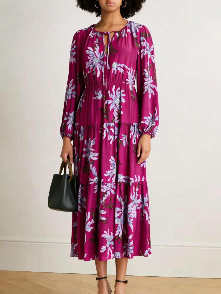 Tiered Floral Long Sleeve Midi Dress