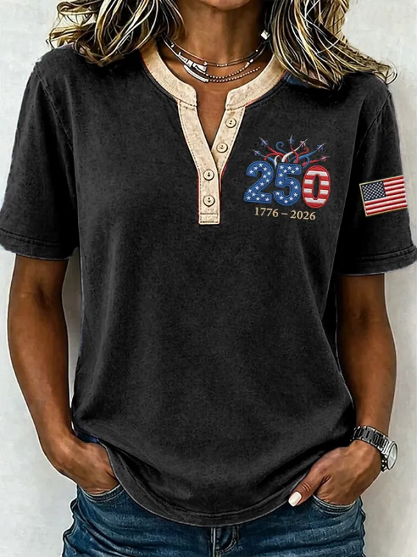 Female Leisure Patriotic Fireworks Flag Button T-Shirt