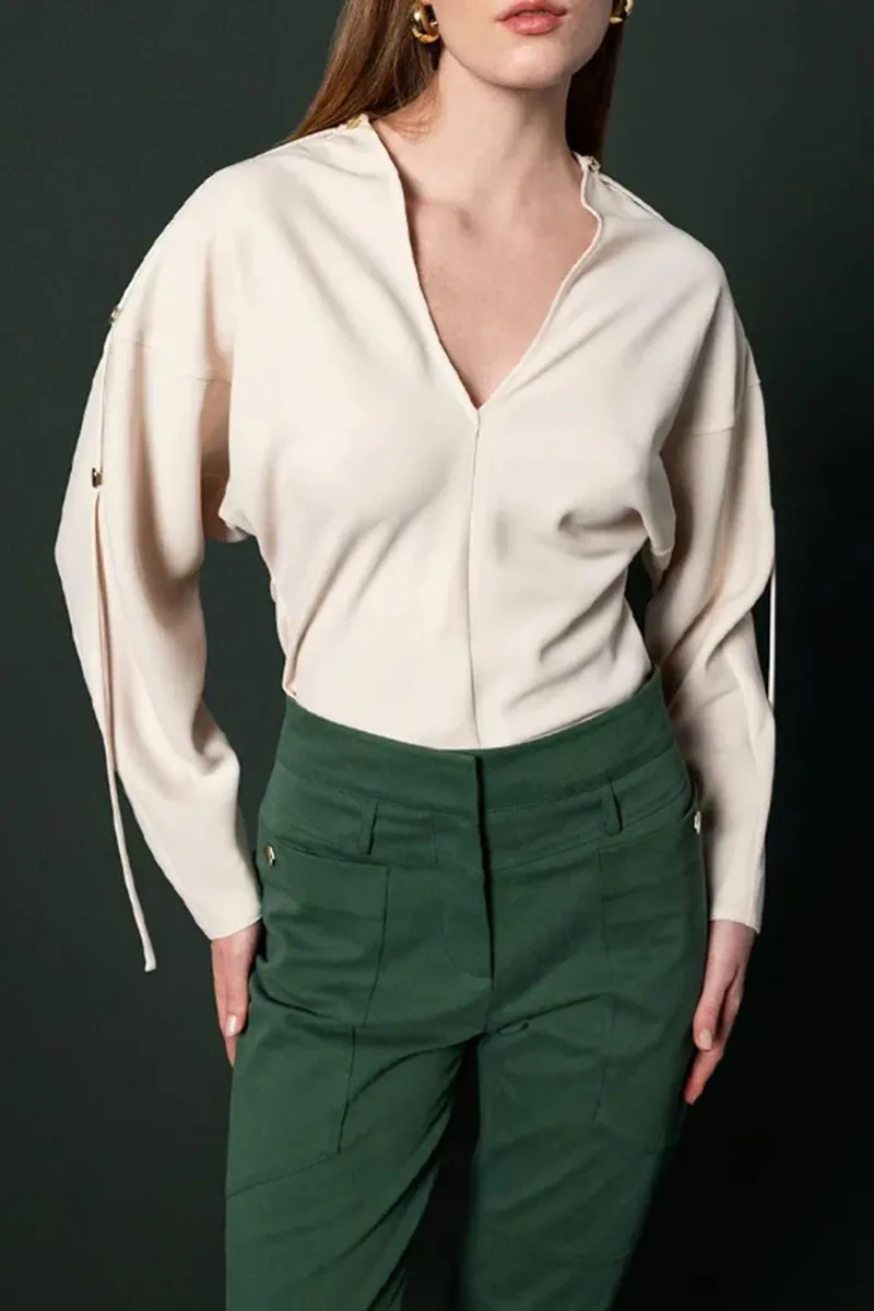 Tie Accent V-Neck Blouses