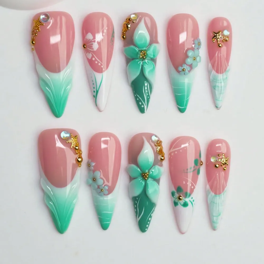 Nailhour 10Pcs Green 3D Gilded Handmade Long Almond Press On Nails