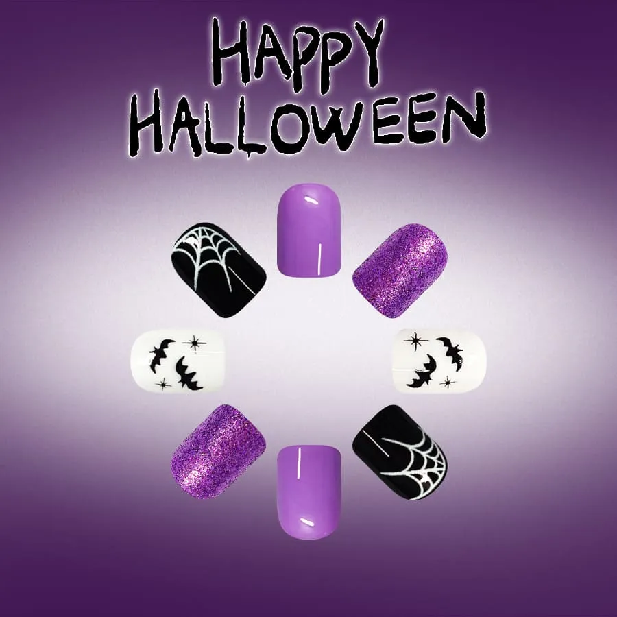 Nailhour 24Pcs Spider Web Skeleton Glossy Halloween Short Squoval Press On Nails