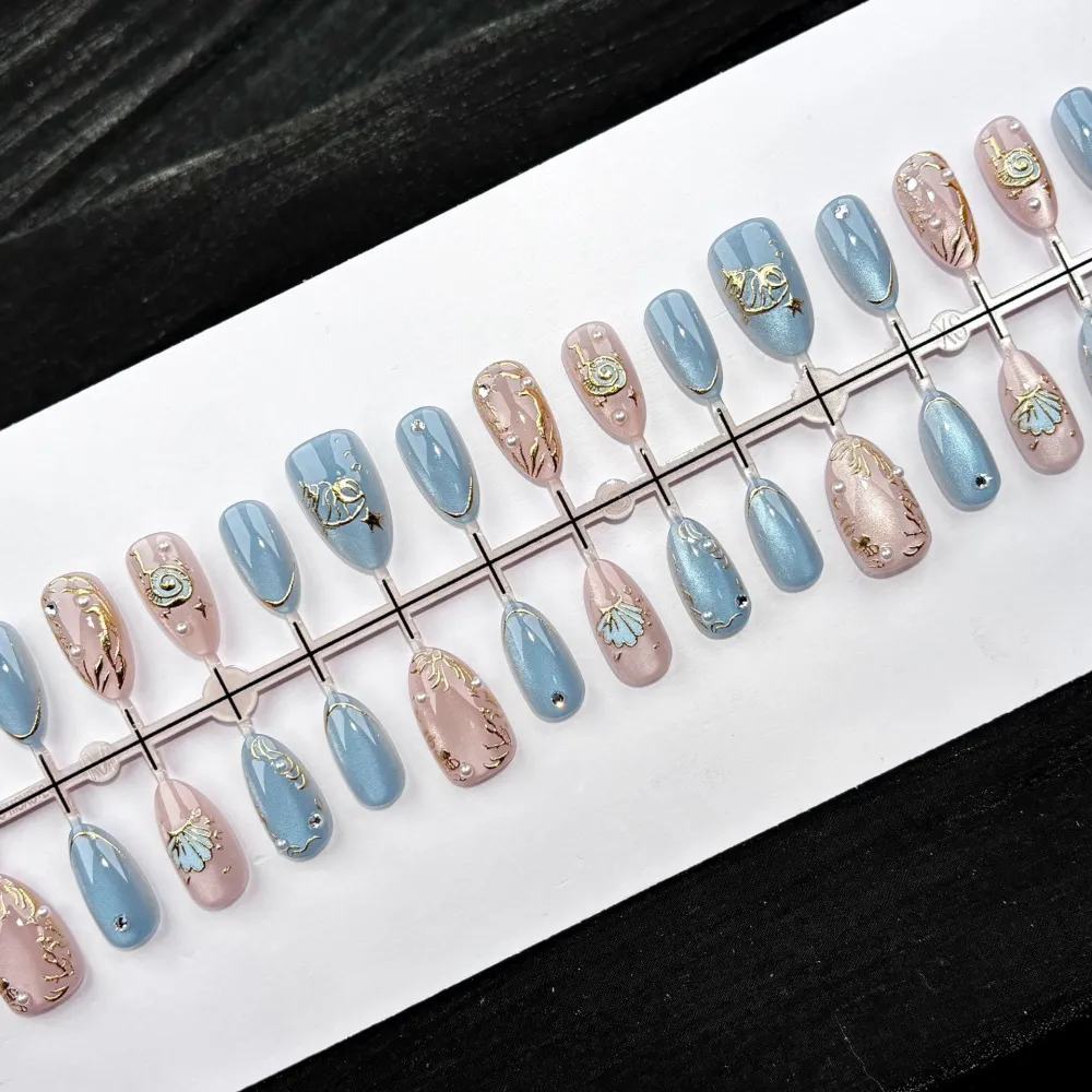 Nailhour 30Pcs Gray Blue Medium Almond Cat Eye Press On Nails