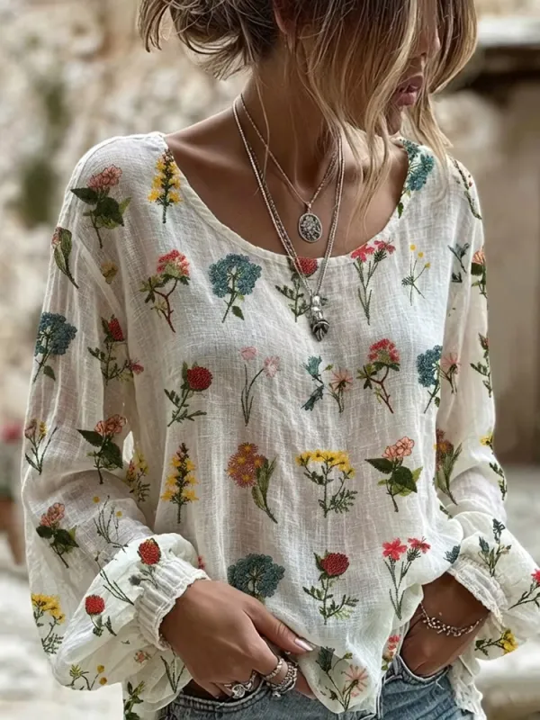 Women'S Floral Bohemian Printed Cotton Linen Blend Top