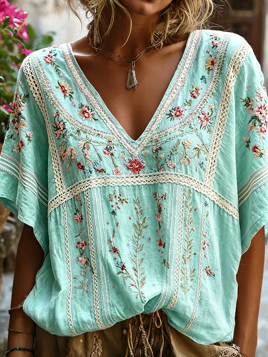 Women's Boho Floral Embroidered Lace Trim V-Neck Blouse