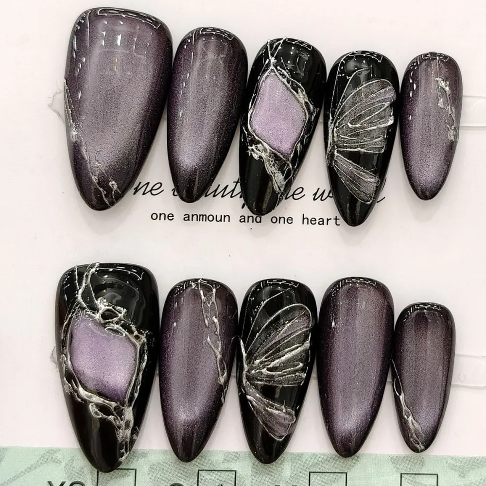 Nailhour 30Pcs Purple Gilded Gothic Medium Almond Press On Nails