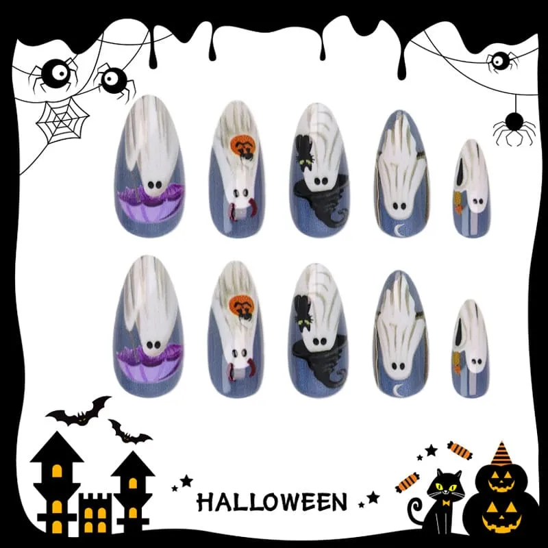 Nailhour 24Pcs Halloween Medium Almond Blue Ghost Press On Nails