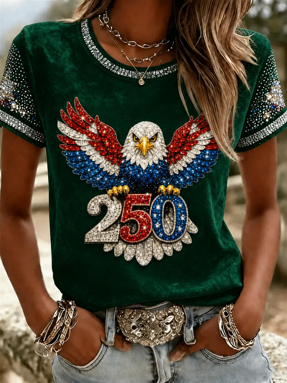 Women'S American Independence Day 250Th Anniversary Printed Short Sleeved T-Shirt