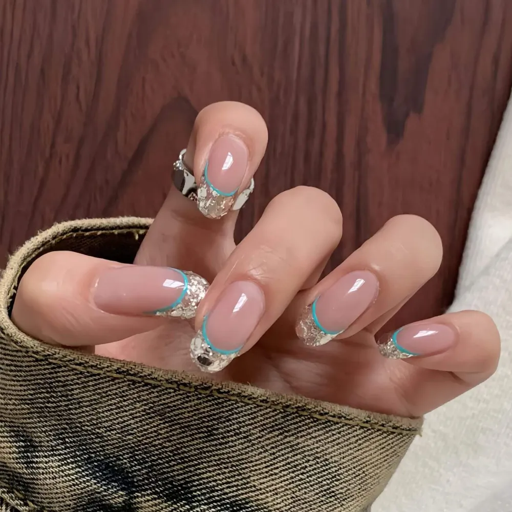 Nailhour 10Pcs Handmade French Glitter Rhinestone Medium Oval Press On Nails