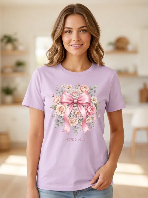 Women's Breast Cancer Awareness Pink Ribbon Floral Printed T-shirt