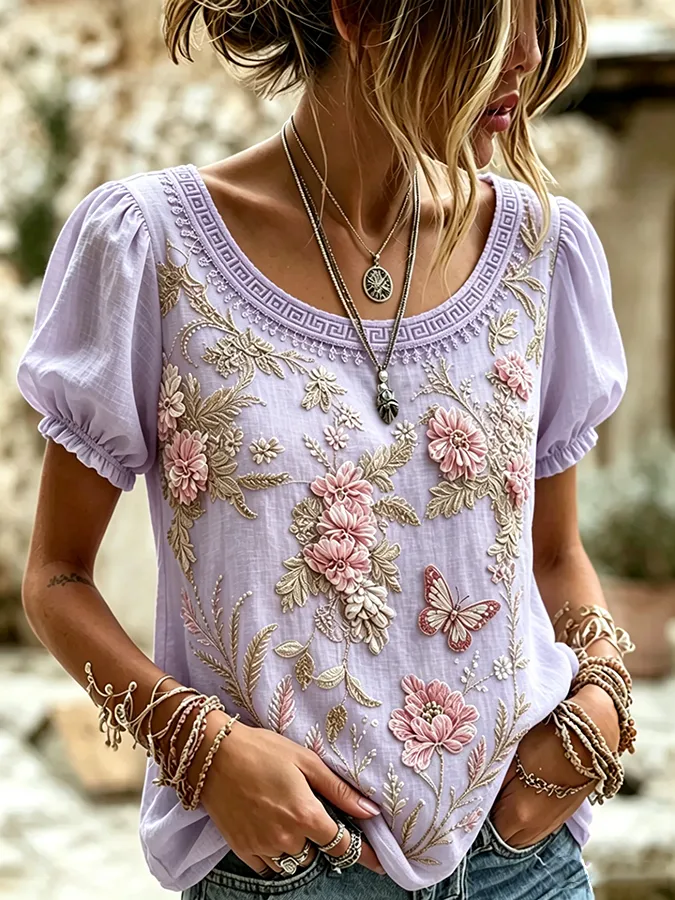 Women's Boho Floral Patchwork Embroidered Puff Sleeve Top