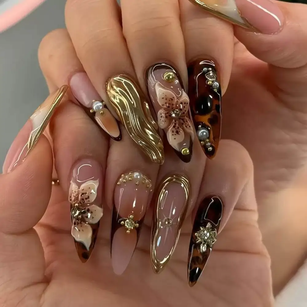 Nailhour 24Pcs Gilded 3D Floral Long Almond Press On Nails