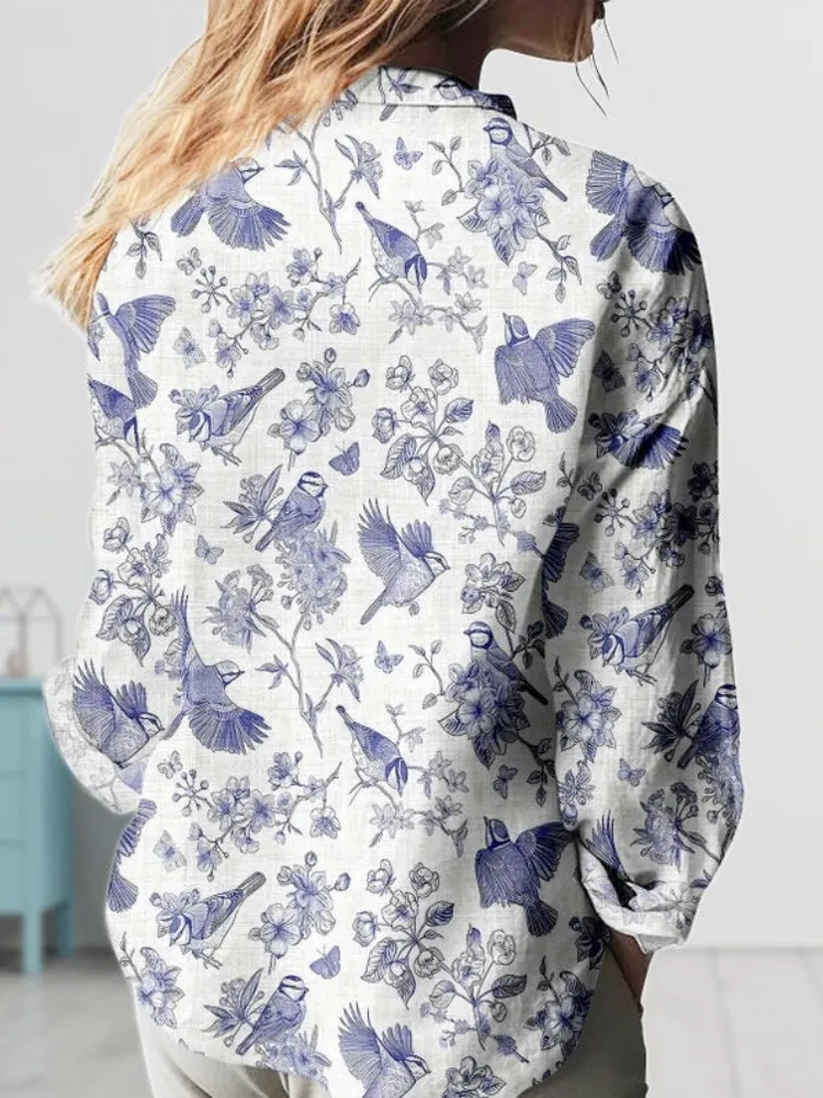 Retro Bird Print Long Sleeve Shirt