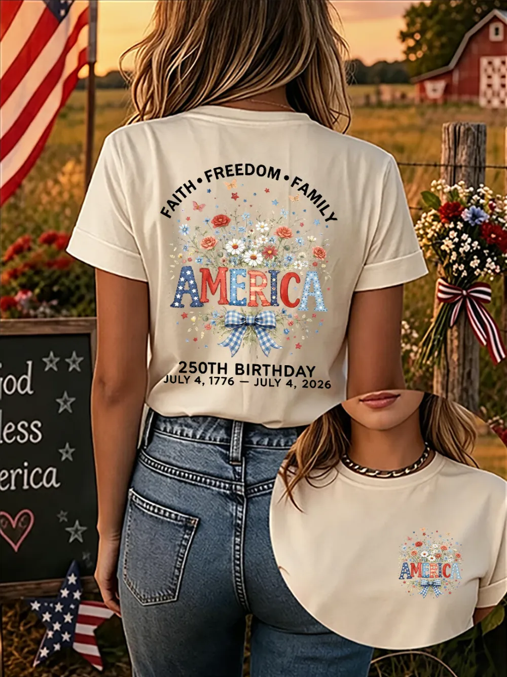 Since 1776, Faith, Liberty, And Family – Women'S 250th Anniversary Of American Faith Print Short-Sleeve T-Shirt