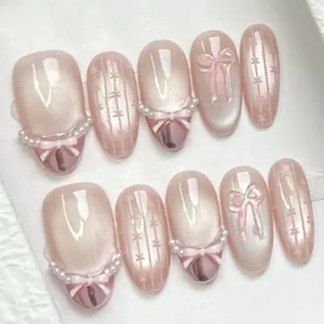 Nailhour 10Pcs 3D Bow Pink French Daily Rhinestone Medium Almond Press On Nails