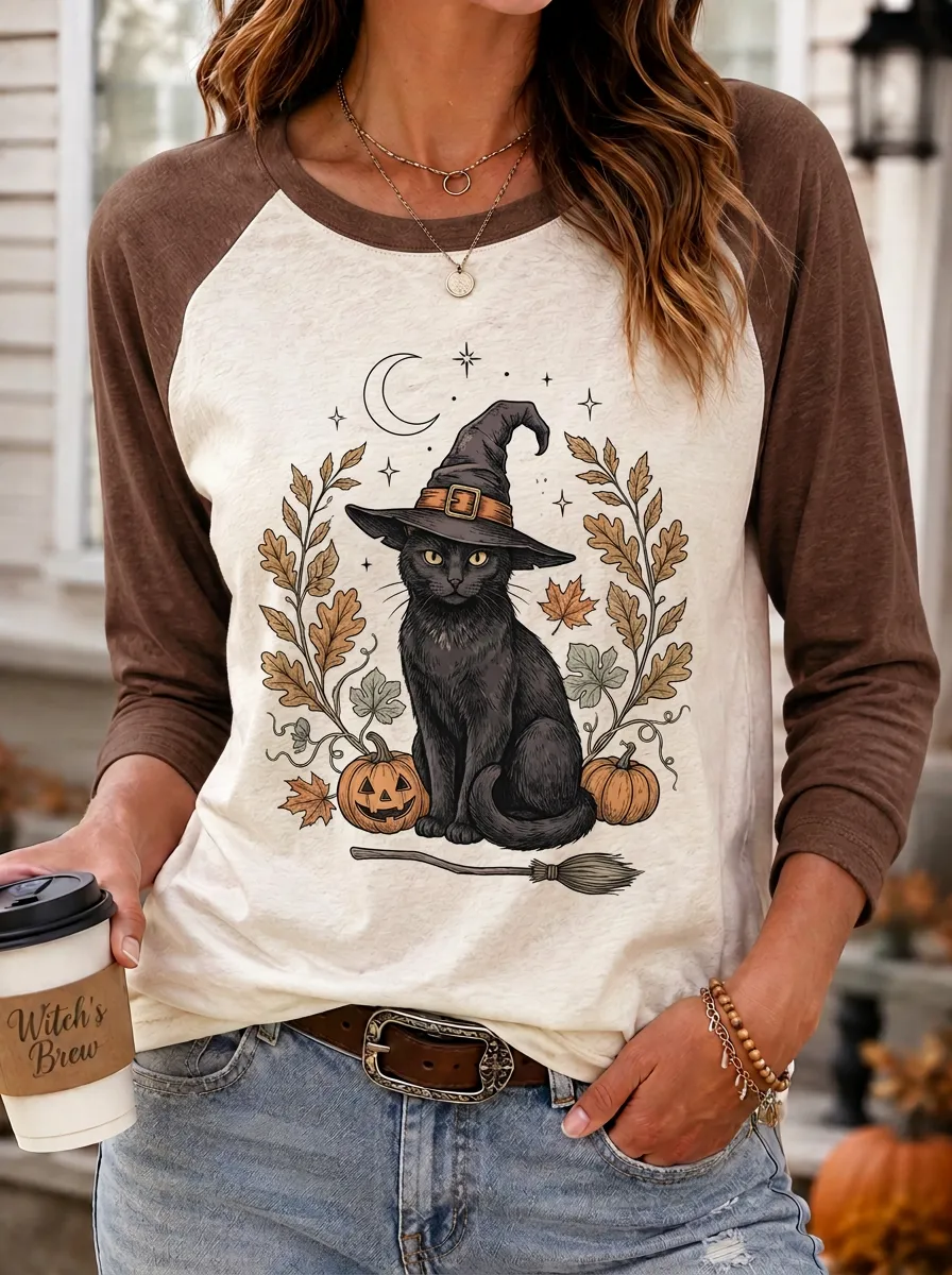 Women's Halloween Cat Witch Pumpkin Printed Raglan T-shirt
