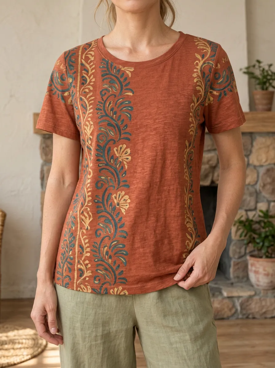 Women's Boho Floral Vine Pattern Printed Crewneck T-shirt