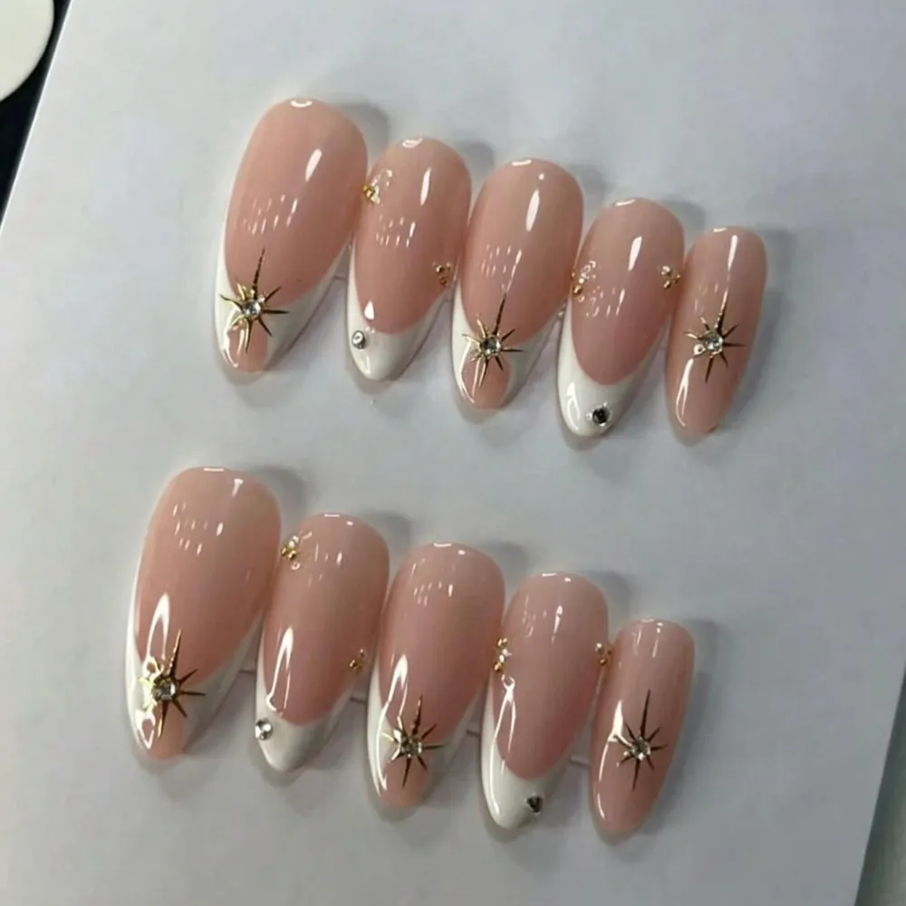 Nailhour 10Pcs Handmade French Medium Almond 3D Steel Beads Press On Nails