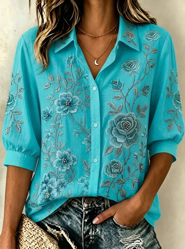 Women's Breast Cancer Awareness Pink Rose Floral Embroidered Button-up Shirt