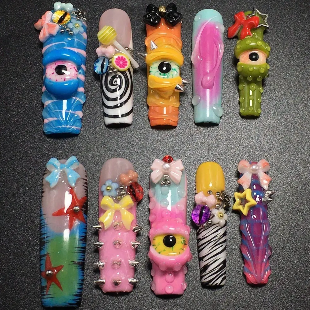 Nailhour 10Pcs Handmade Extra Long Square 3D Bow Lollipop Star French Design Press On Nails