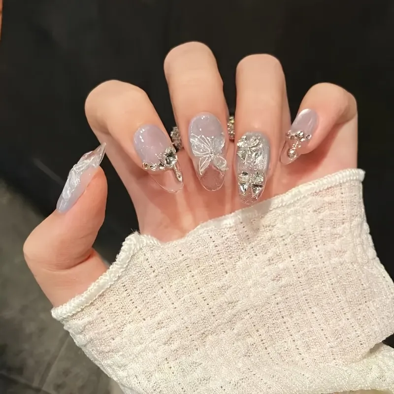 Nailhour 10Pcs Blue 3D Floral Glitter Medium Almond Press On Nails