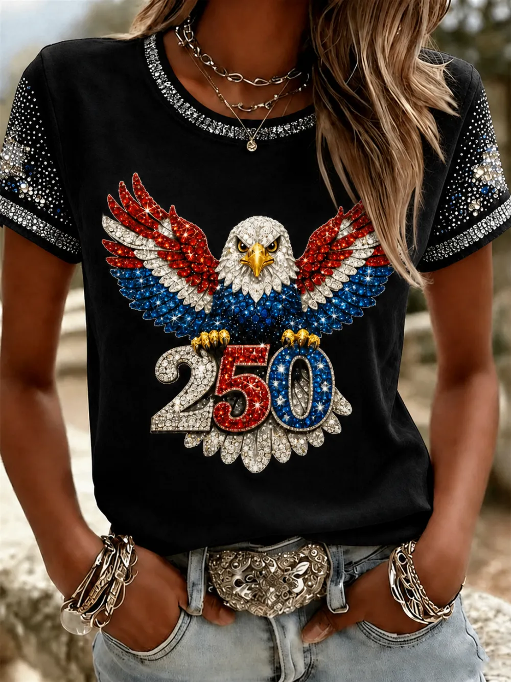 Women'S American Independence Day 250Th Anniversary Printed Short Sleeved T-Shirt