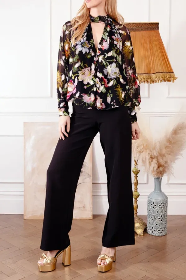 Floral Printed Sheer Deep V Neck Shirts