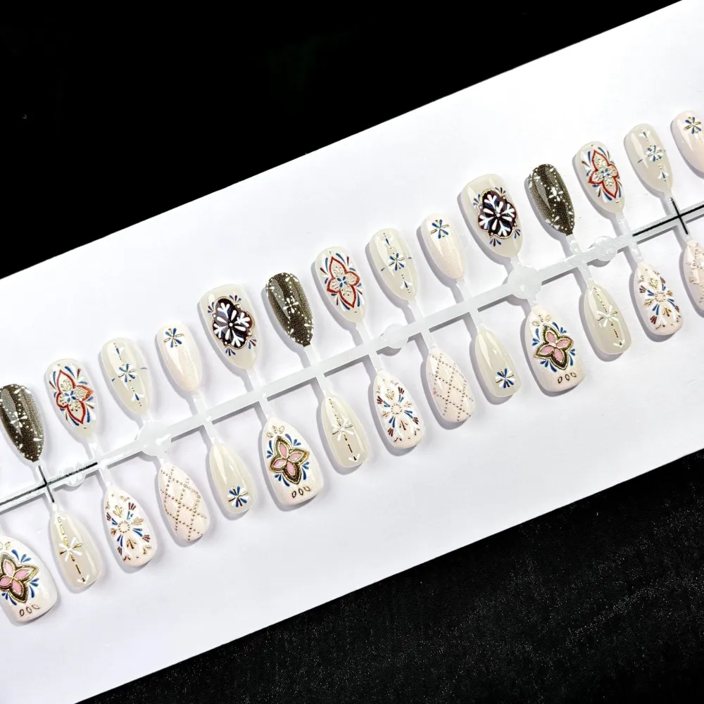 Nailhour 24Pcs Autumn Vintage Medium Almond Gilded Press On Nails