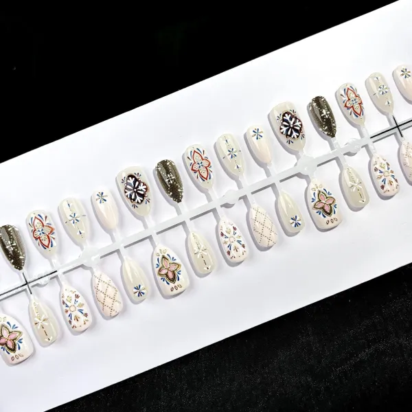 Nailhour 24Pcs Autumn Vintage Medium Almond Gilded Press On Nails