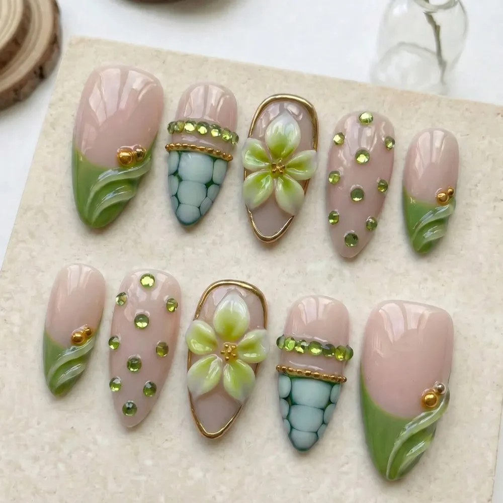 Nailhour 10Pcs Handmade Medium Almond French 3D Green Swirl Press On Nails