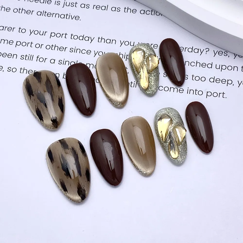 Nailhour 10Pcs Rhinestone 3D Medium Almond French Press On Nails