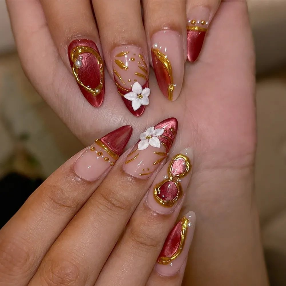 Nailhour 30Pcs Red 3D Cat Eye Medium Almond Press On Nails