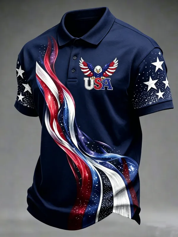 Men'S American Flag Eagle Printed Polo Shirt