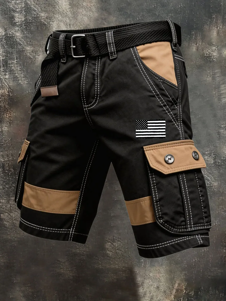 Men'S Retro Color-Block Distressed Patriotic Cargo Shorts With Pockets