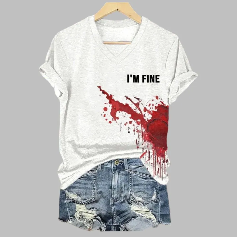2025 Halloween Women’s I’m Fine Bloodstain Print V-Neck T-Shirt