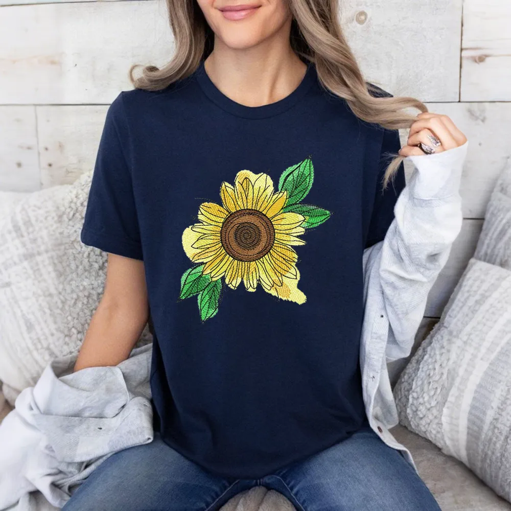 Hand Drawn Sunflower Flower Pattern, Casual T-Shirt.