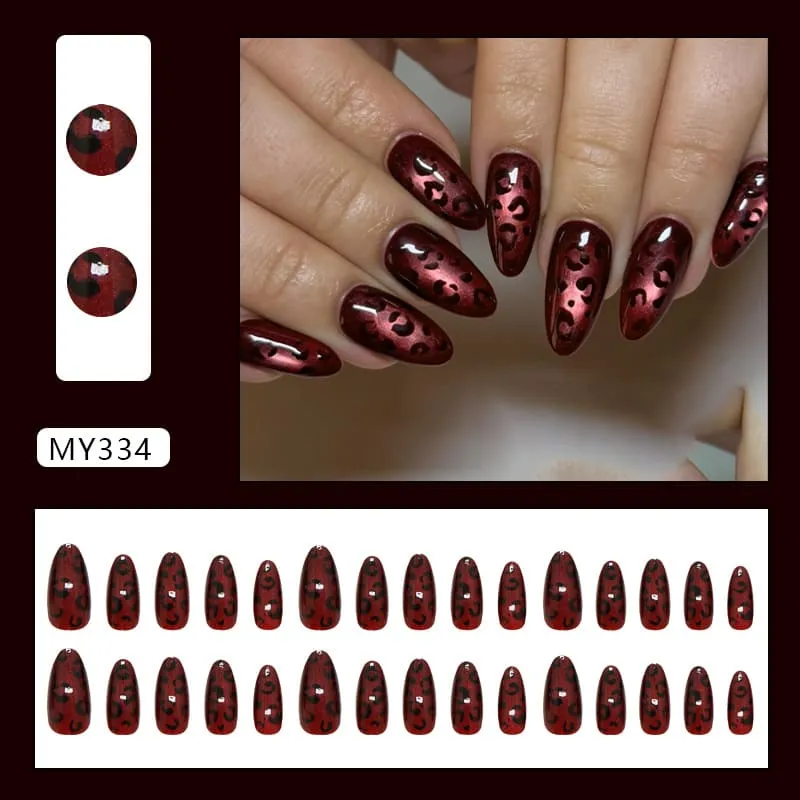 Nailhour 30Pcs Red Vintage French Medium Almond Press On Nails