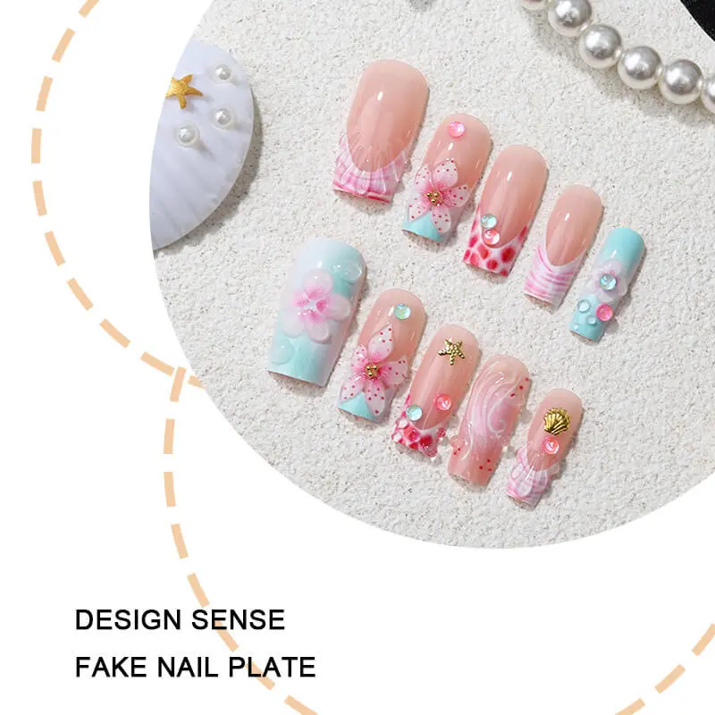 Nailhour 24Pcs 3D Floral Medium Square Press On Nails