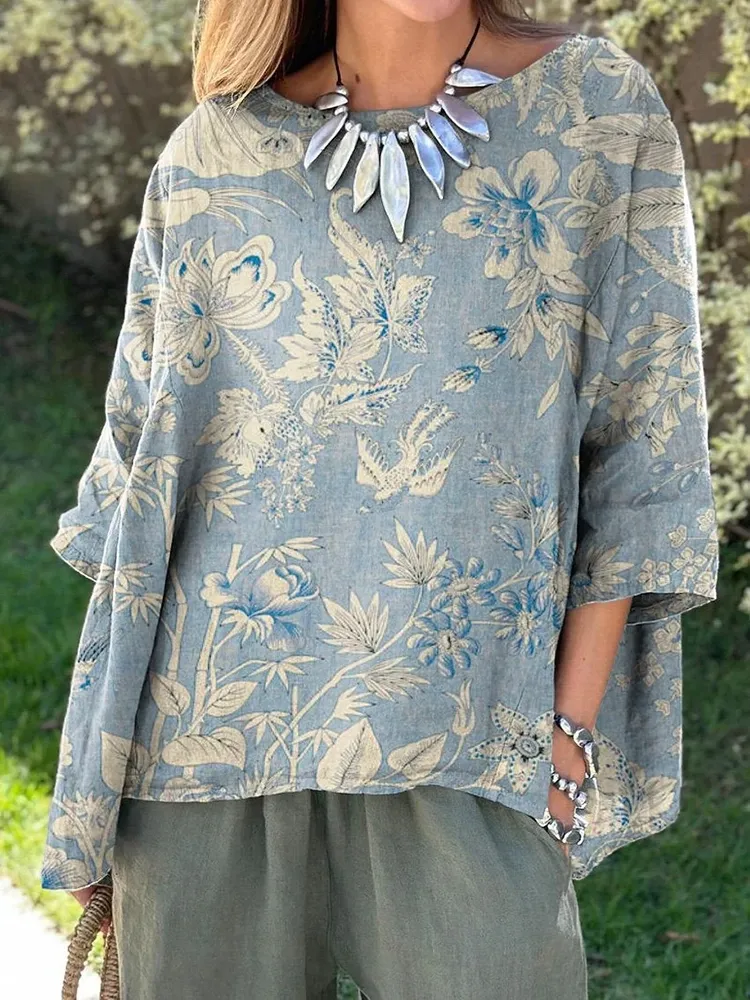 Women's Elegant Floral Print Round Neck Shirt