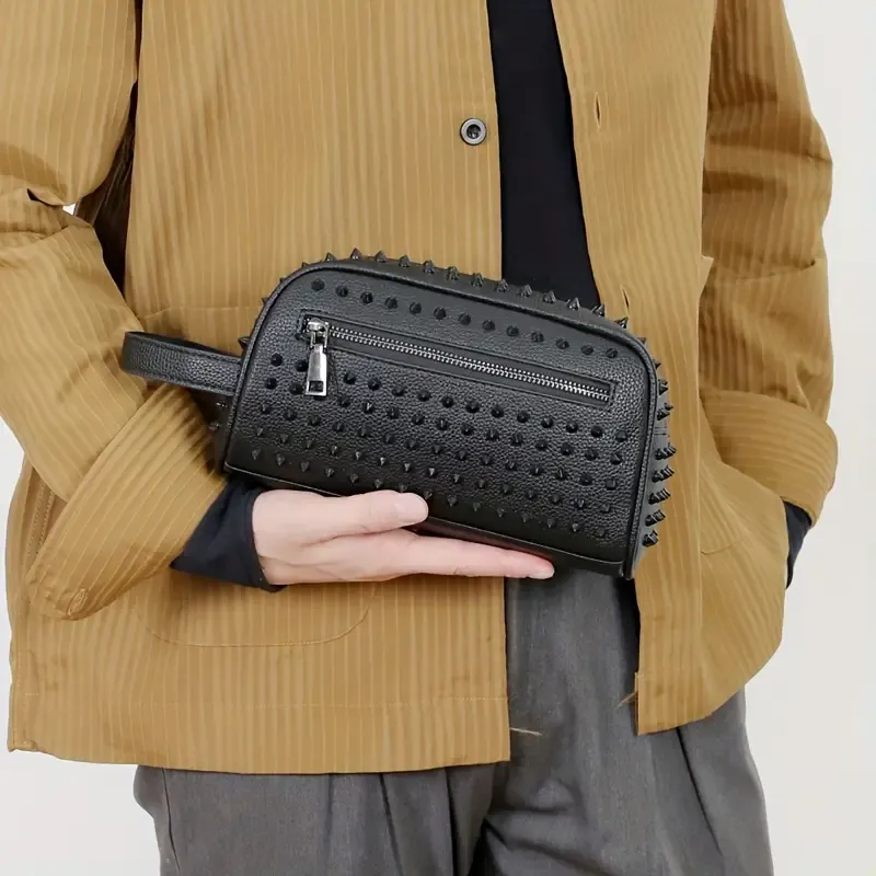 Black Men'S Punk Style Studded Clutch Bag