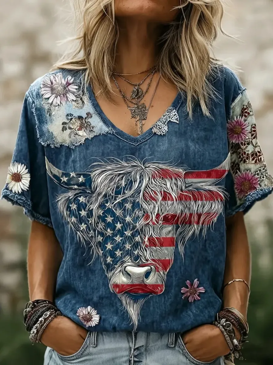 Women's America's 250th Anniversary Vintage Scottish Highland Cow Print T-Shirt