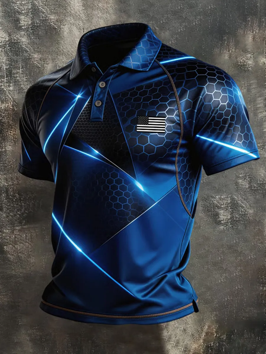 Men's Retro Patriot Color Block Polo Collar Short Sleeve