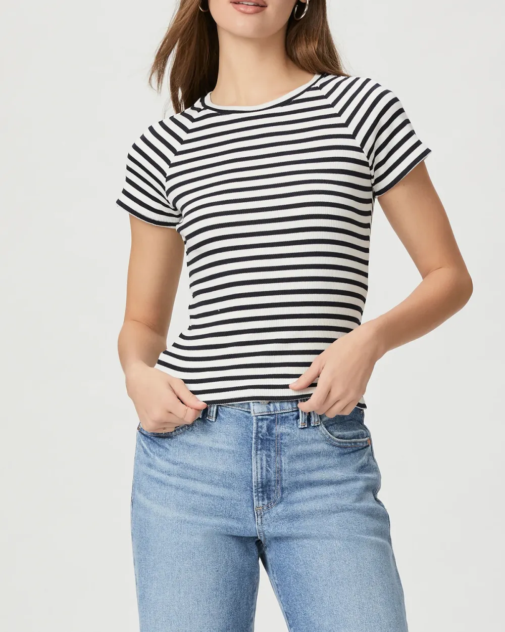 Black And White Striped Crew Neck Tee
