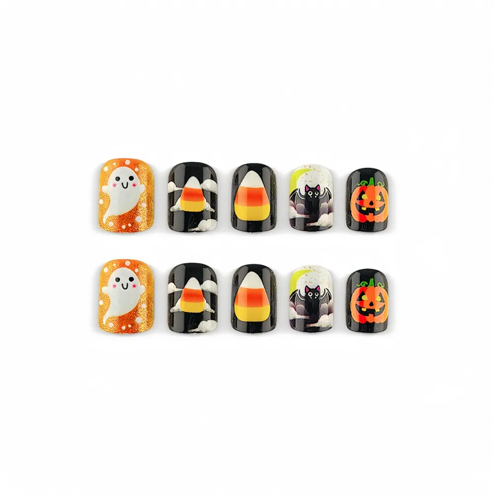 Nailhour 24Pcs Halloween Multicolor Glitter Cute Ghost Short Square Press On Nails