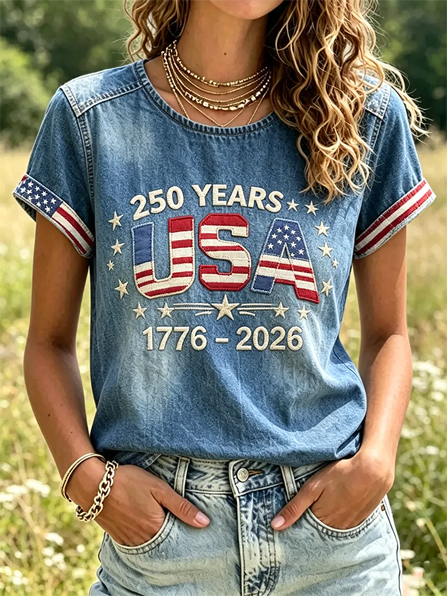 Women's USA 250th Anniversary Embroidered Denim Style T-shirt